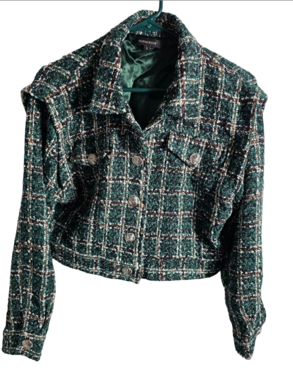 Women's Olivaceous Tweed Blazer Jacket Size L Green Black Plaid fall trendy